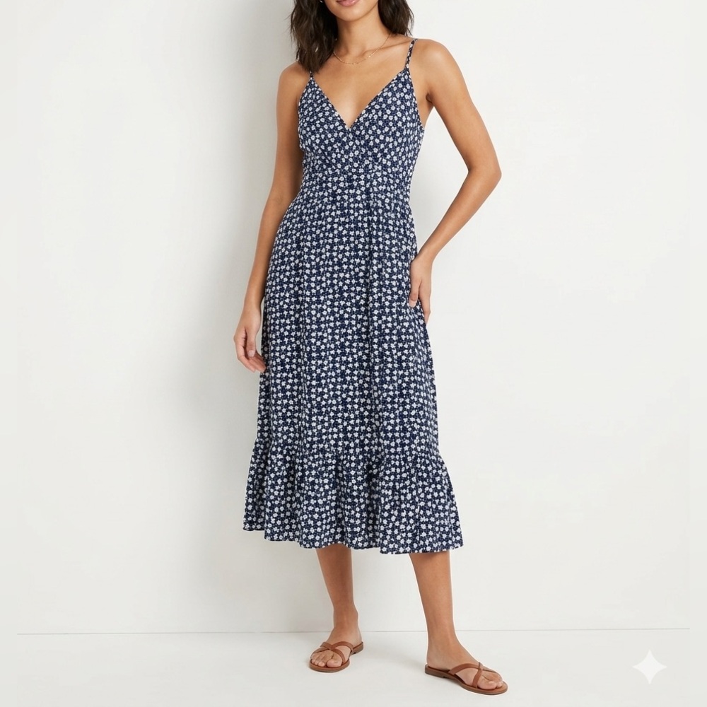 AUW Blue White Floral Spaghetti Strap Midi Dress Ruffle Hem❤️